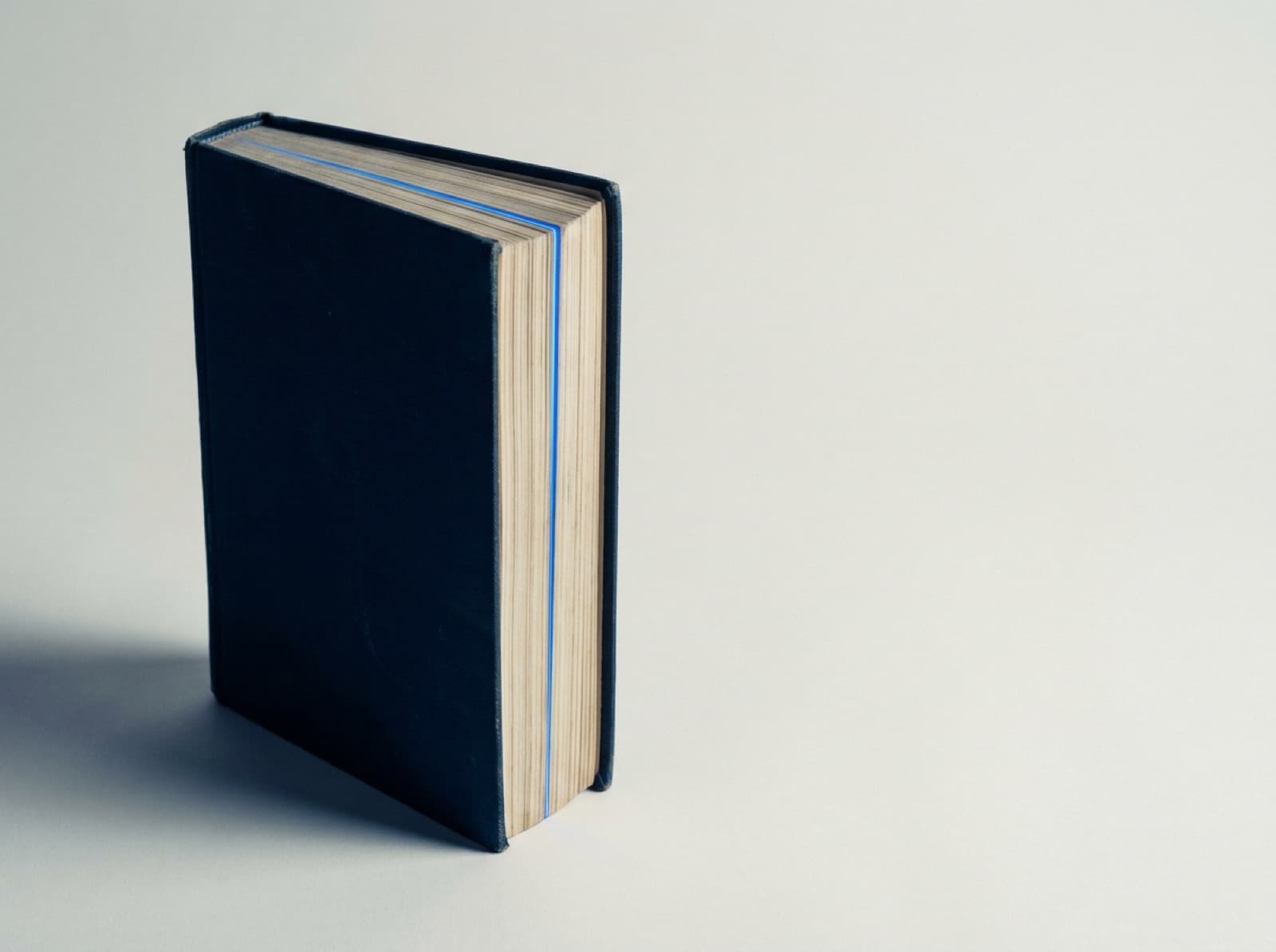 A navy ledger book, its pages traced by a single electric blue line